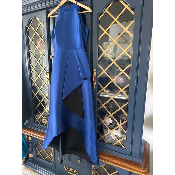 Badgley Mischka Royal Blue and Black Reverse Ruffle Structural Gown Sz 4 - Picture 6 of 14